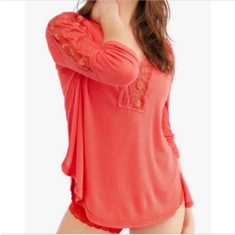 Free People Lola top red crimson rose floral lace henley